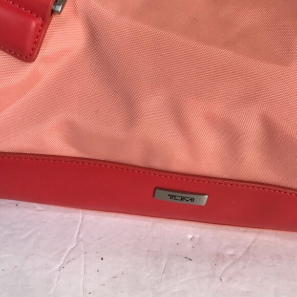 TUMI Nylon Satchel Leather Handles Purse Shoulder Bag Zip Pocket Pink Red Small - Picture 11 of 16